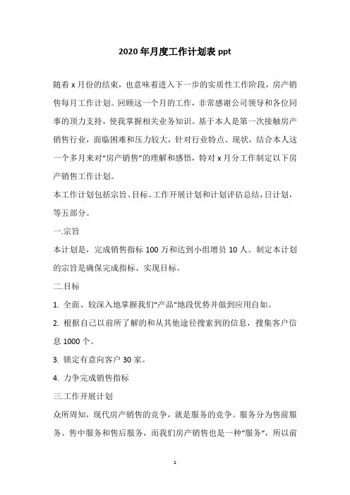 2020年月度工作计划表ppt
