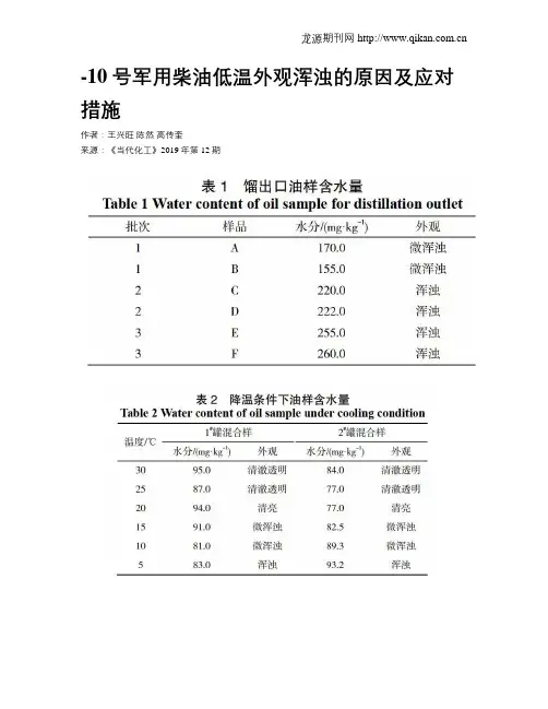 -10号军用柴油低温外观浑浊的原因及应对措施