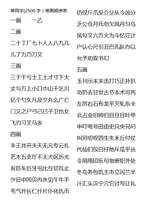 常用字(2500字)笔画顺序表-瘦金体