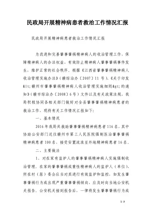 民政局开展精神病患者救治工作情况汇报