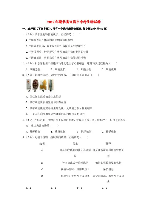 湖北省宜昌市2019年中考生物真题试题(含解析)