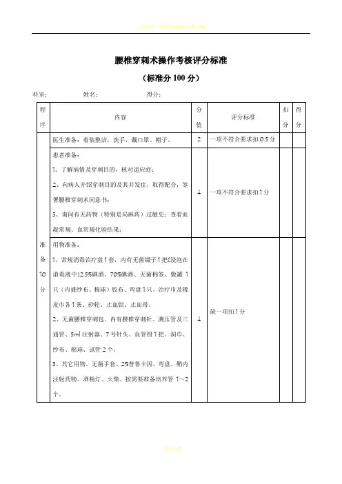 腰椎穿刺术操作考核评分标准