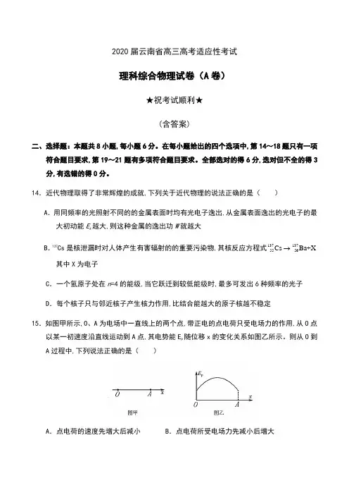 2020届云南省高三高考适应性考试理科综合物理试卷(A卷)及答案