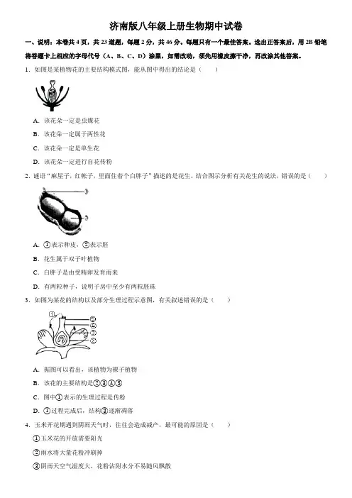 济南版八年级上册生物期中试卷1