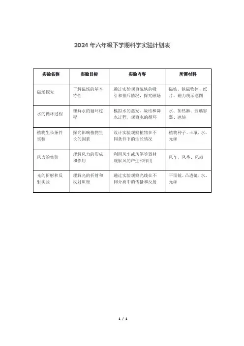 2024年六年级下学期科学实验计划表