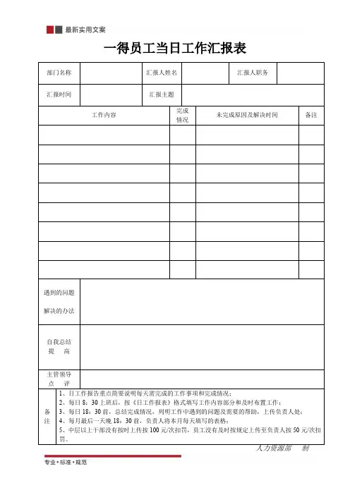 【精选表格】员工当日工作汇报表