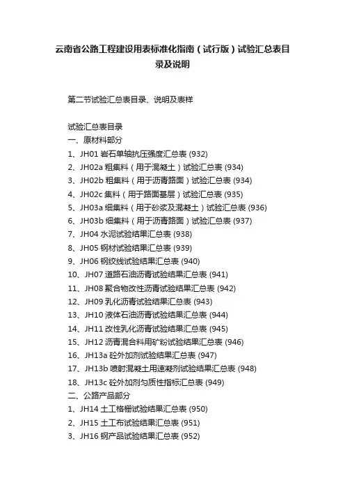 云南省公路工程建设用表标准化指南（试行版）试验汇总表目录及说明