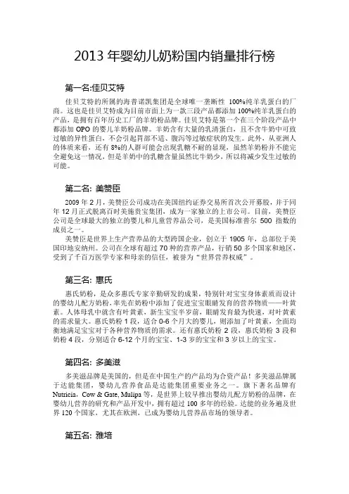 2013年婴幼儿奶粉国内销量排行榜