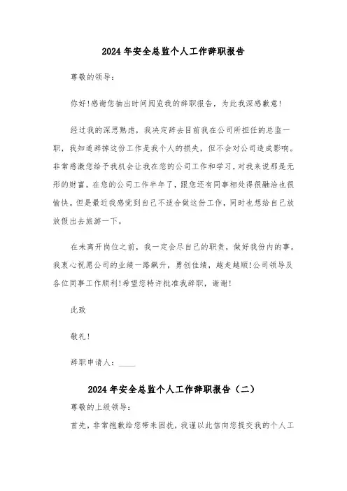 2024年安全总监个人工作辞职报告（三篇）