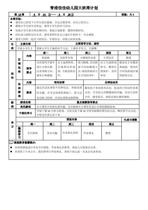 青浦佳佳幼儿园大班周计划
