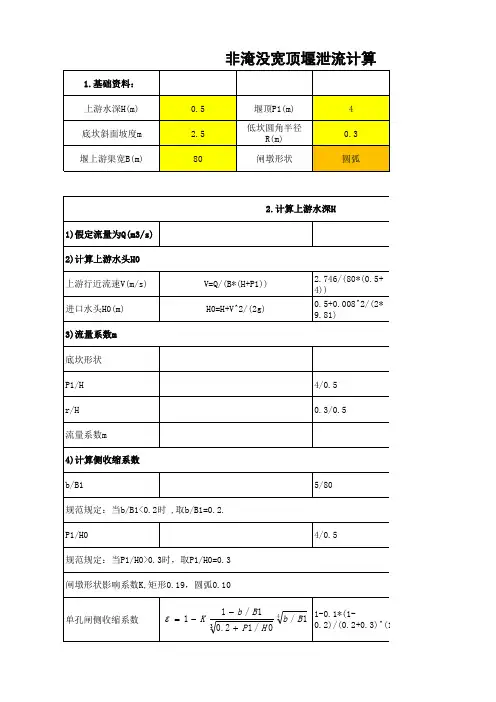 堰流(非淹没宽顶堰 WES实用堰)钢闸坝泄流 闸孔出流 潜坝水力计算