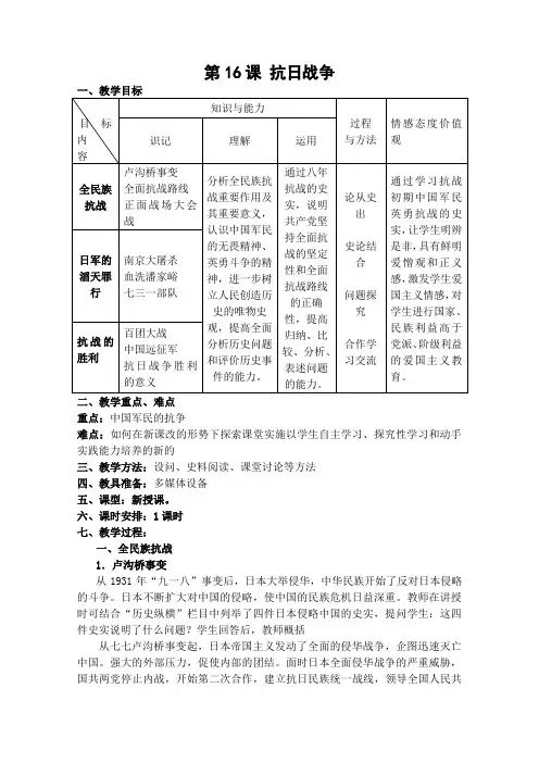 高一历史人教版必修1教学教案第四单元第16课抗日战争(1)