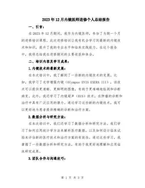 2023年12月内镜医师进修个人总结报告
