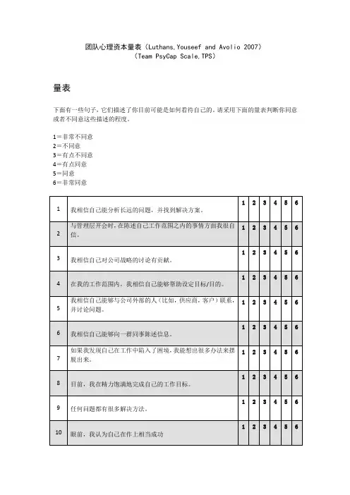 团队心理资本量表LuthansYouseefandAvolio2007