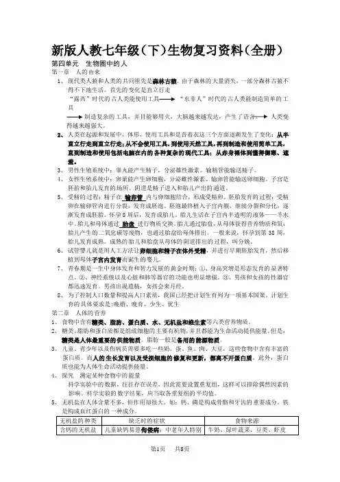 新版人教七年级(下)生物复习资料(全册 共8页)