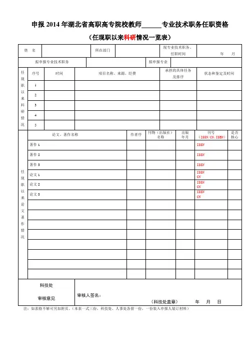 湖北省申报专业技术任职资格任现职以来科研成果统计表