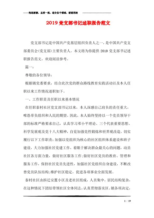 2019党支部书记述职报告范文