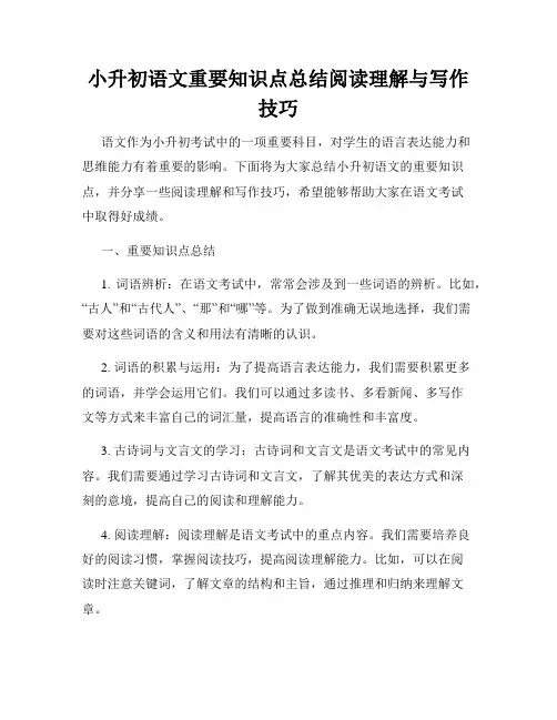 小升初语文重要知识点总结阅读理解与写作技巧