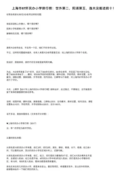 上海市67所民办小学排行榜：世外第二，阳浦第五，逸夫没能进前十！