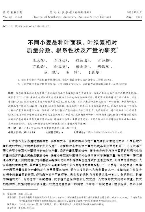 不同小麦品种叶面积、叶绿素相对质量分数、根系性状及产