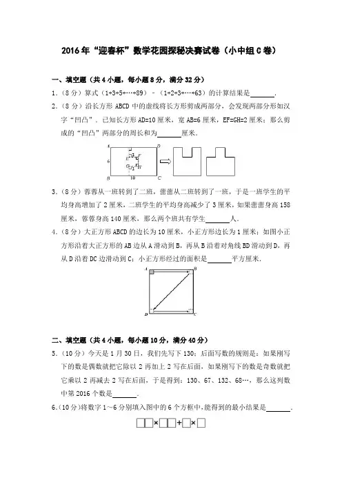 2016年“迎春杯”数学花园探秘决赛试卷(小中组C卷)
