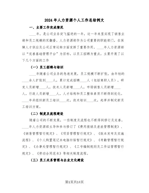 2024年人力资源个人工作总结例文(5篇)