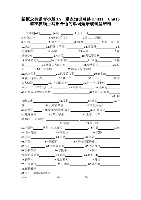 新概念英语青少版3A  重点知识总结Unit11-Unit15