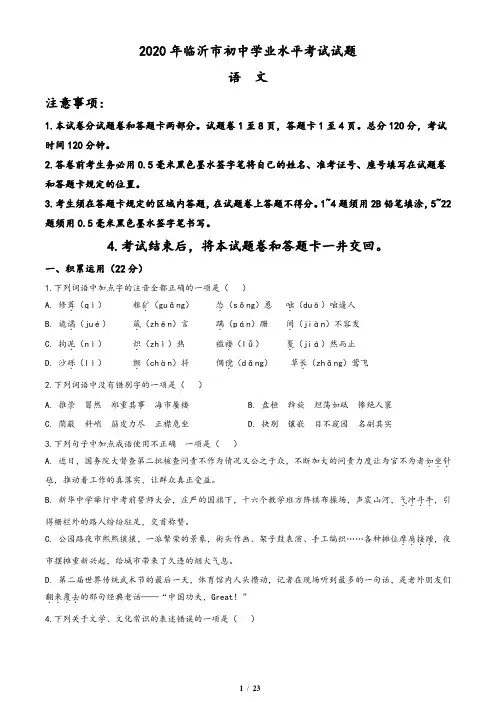 山东省临沂市2020年中考语文试题(含答案与解析)