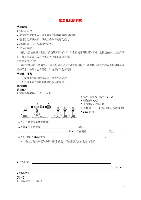 高中化学主题1空气资源氨的合成1.2氨氧化法制硝酸学案鲁科版选修2