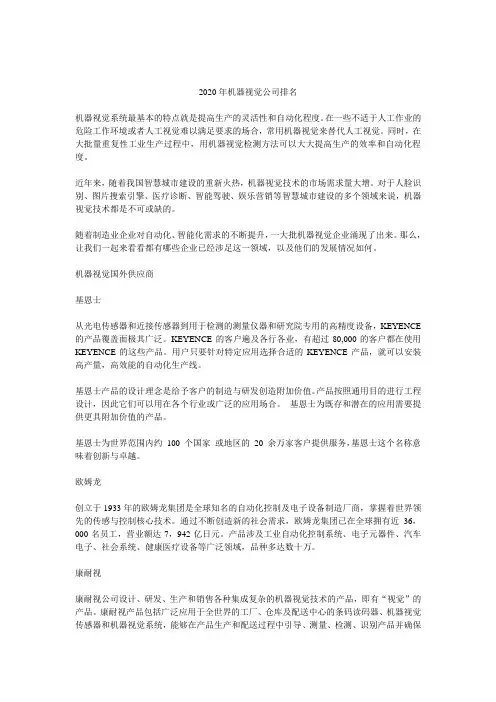 2020年机器视觉公司排名