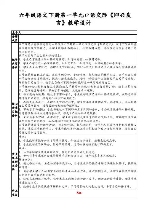 六年级语文下册第一单元口语交际《即兴发言》教学设计