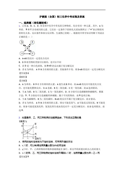 沪教版(全国)初三化学中考试卷及答案