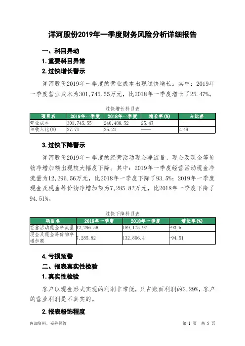 洋河股份2019年一季度财务风险分析详细报告