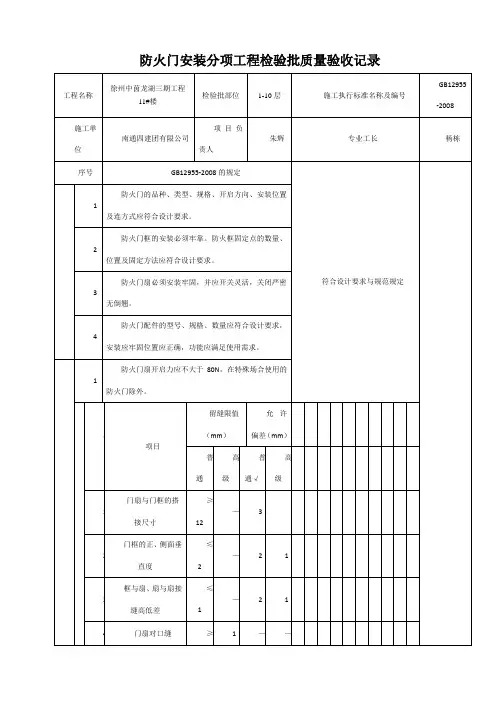 防火门安装分项工程检验批质量验收记录