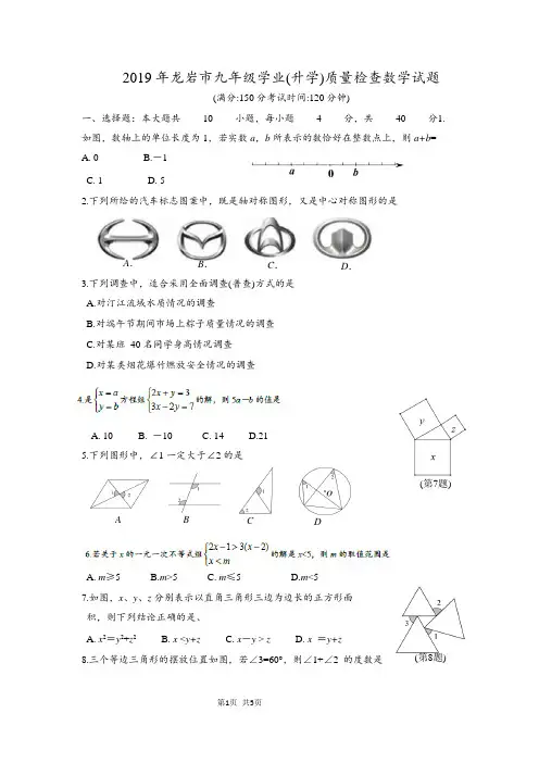 2019年福建省龙岩初中毕业班质量检测