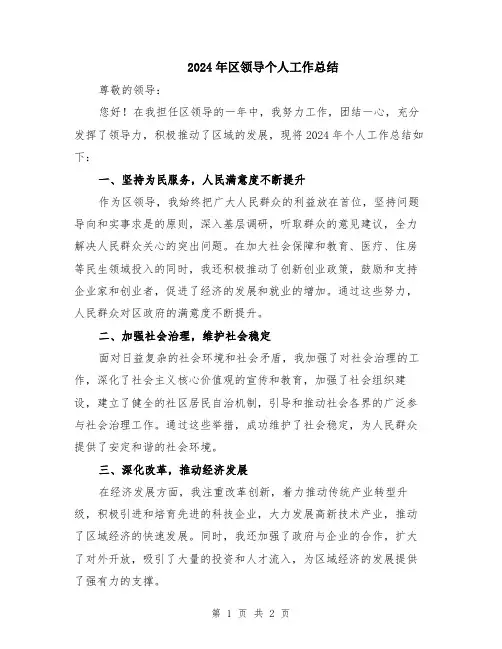 2024年区领导个人工作总结