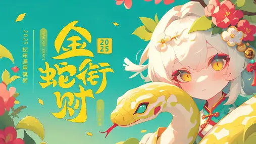 灵蛇贺岁绿色插画风2025金蛇敛财PPT通用模板
