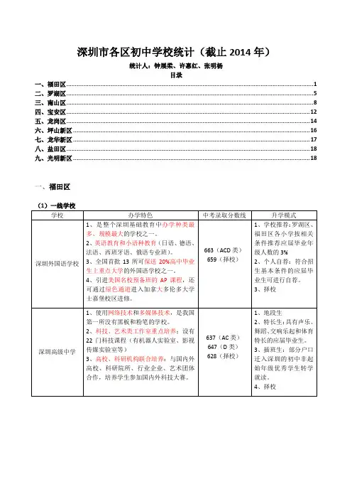 深圳市各区初中学校统计(截止2014年)
