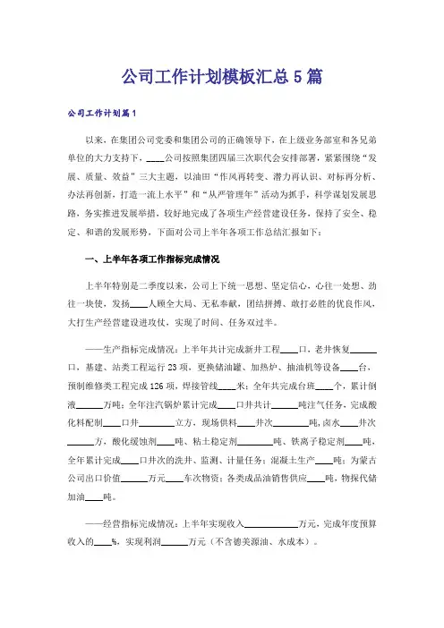 公司工作计划模板汇总5篇