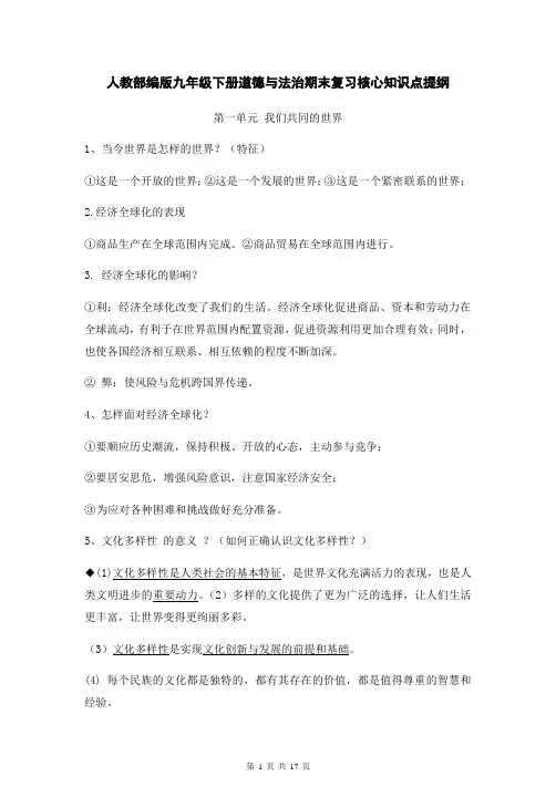 [直接打印]人教部编版九年级下册道德与法治期末复习核心知识点提纲