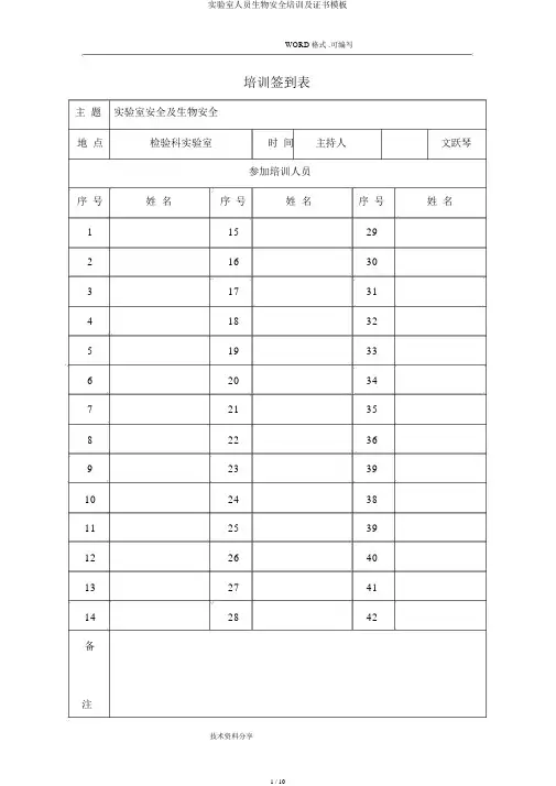 实验室人员生物安全培训及证书模板