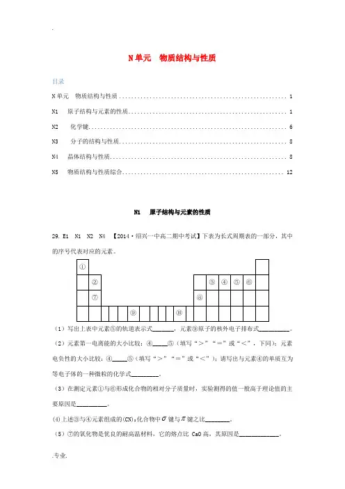 全国名校2014高考化学试题分类解析汇编 N单元+物质结构与性质(含6月试题)