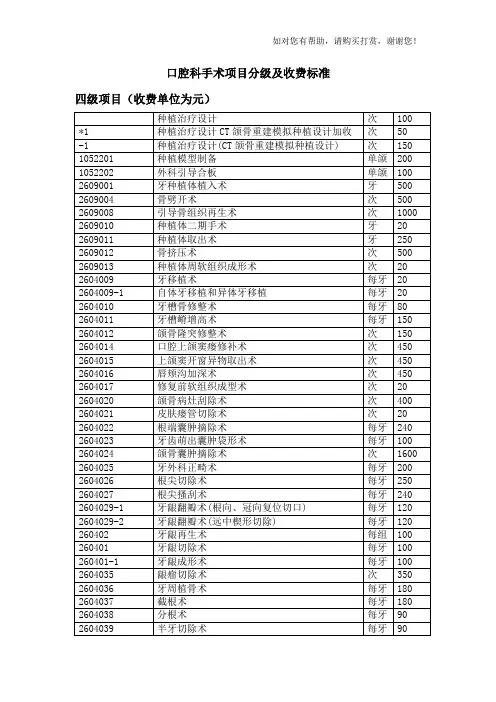 口腔科手术治疗分级及收费标准