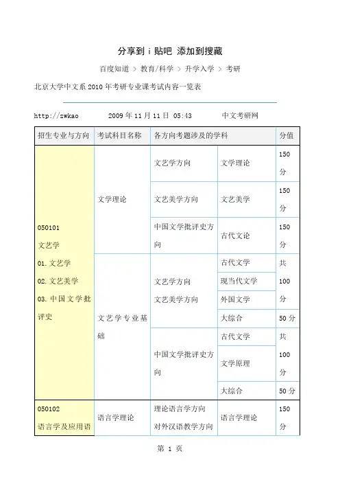 北京大学中文系考研专业课考试内容-17页word资料