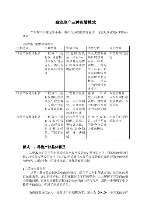 商业地产三大租赁模式