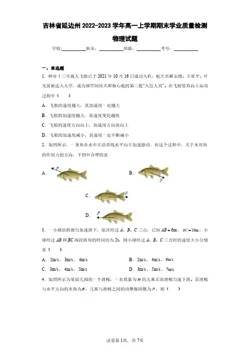 吉林省延边州2022-2023学年高一上学期期末学业质量检测物理试题