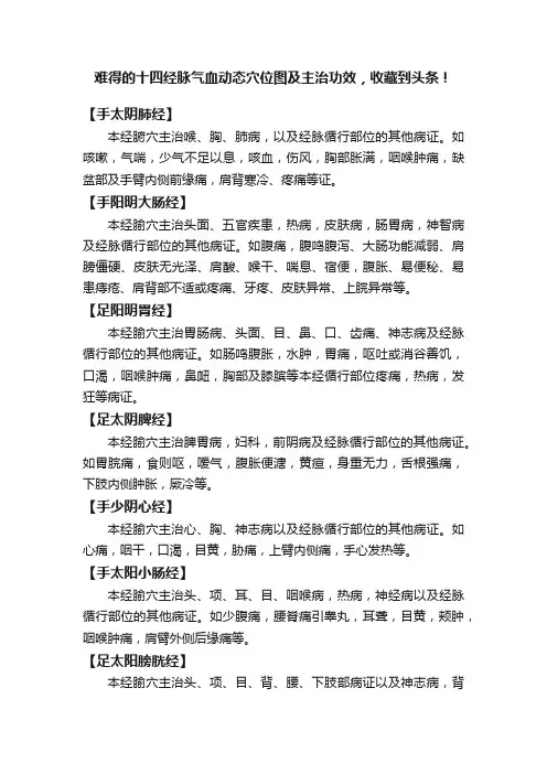 难得的十四经脉气血动态穴位图及主治功效，收藏到头条！