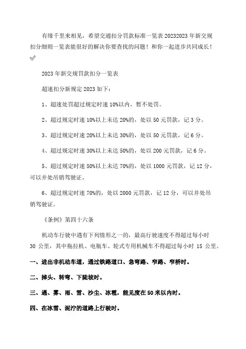 交通扣分罚款标准一览表2023及2023年新交规扣分细则一览表