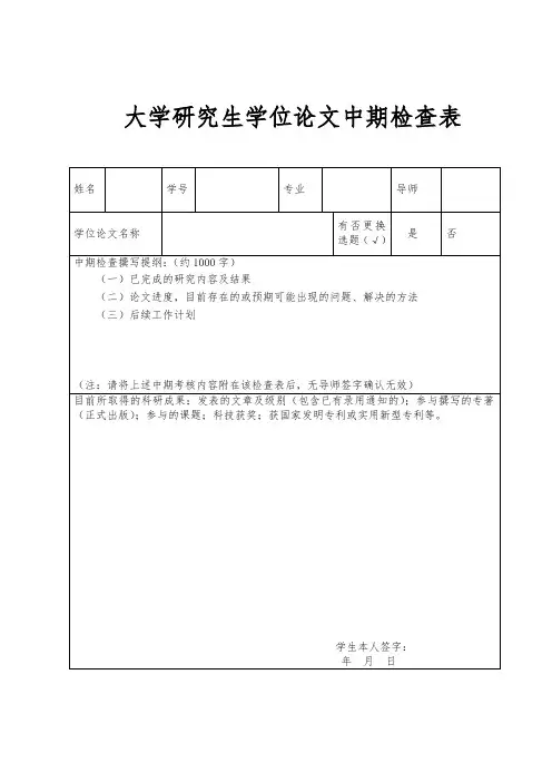 大学研究生学位论文中期检查表