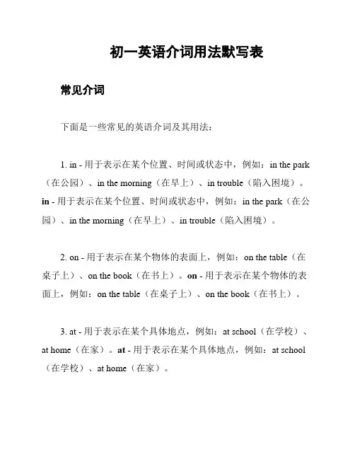 初一英语介词用法默写表